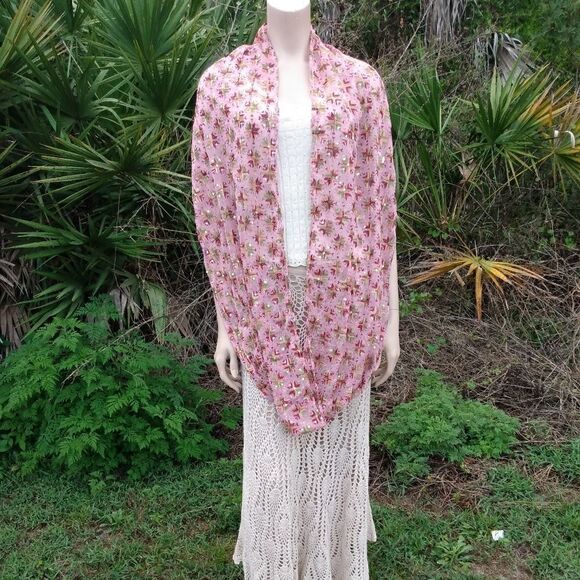 NWOT RAJ Pink & Multicolored Embroidered Stars Sequins Silk India Scarf/Wrap - Picture 10 of 11